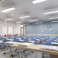 School Classroom Interior With Rows Of Desks Chairs Blackboard Windows And Ceiling Lights 3d model