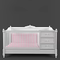 Classic White Baby Crib With Decorative Details Pink Mattress And Drawers