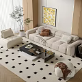 Modern Beige Sofa and Coffee Table Set with Pillows Rug Plants and Wall Art 3d model