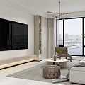 Modern Living and Dining Room Interior With Sofa Coffee Table Chandelier Green Plant and Area Rug