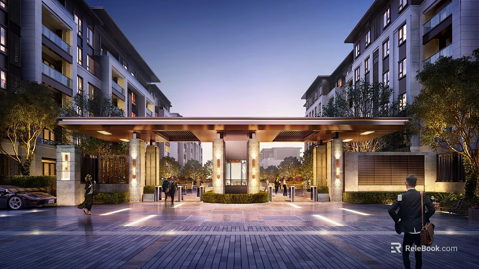 Covered Residential Entrance With Evening Sky Stone Paved Path Greenery And Lighting 3d model 