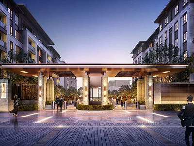 Covered Residential Entrance With Evening Sky Stone Paved Path Greenery And Lighting 3d model