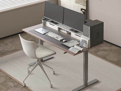Modern Home Office Desk With Double Monitors Laptop Ergonomic Chair And Computer Tower 3d model
