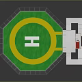 Octagonal Helicopter Landing Pad Featuring Green Surface Yellow Circle White H Sign And Red Vehicle