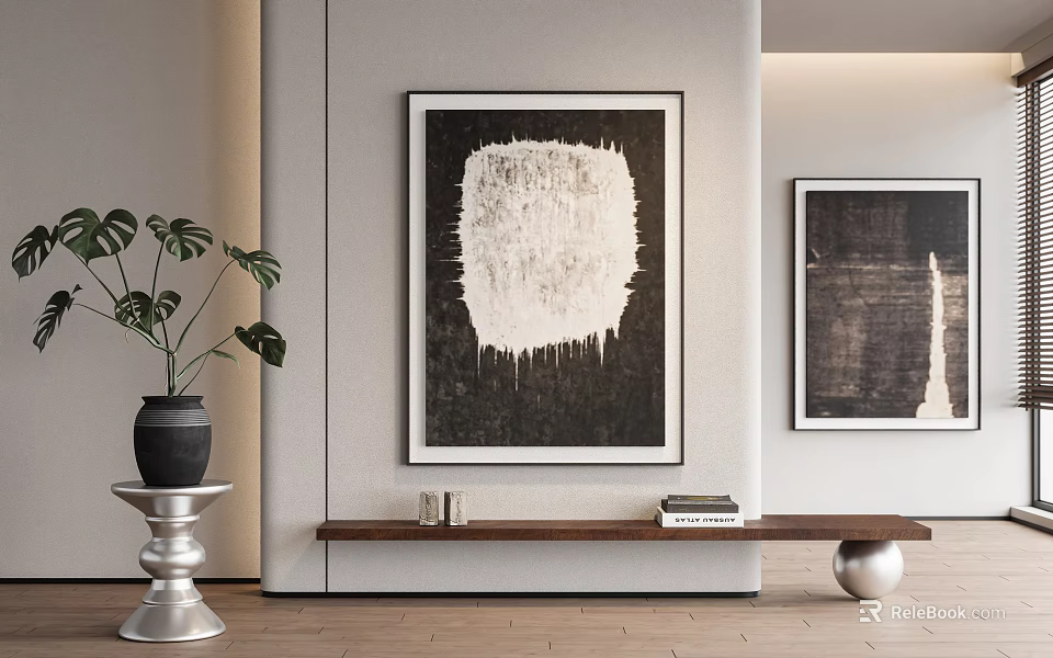 Bonsai Plant In Black Pot On Silver Stand With Wooden Bench And Books In Room 3d model 