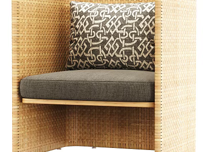 Single Sofa With Wicker Frame Gray Cushion And Geometric Pattern Pillow 3d model