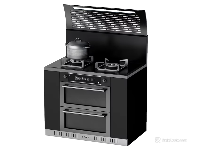 Modern Black Kitchen Appliance With Gas Stove Range Hood And Double Oven 3d model 
