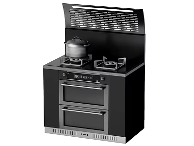 Modern Black Kitchen Appliance With Gas Stove Range Hood And Double Oven 3d model