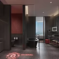 Modern Hotel Guest Room With King Bed Red Accent Furniture And Brick Wall Decor