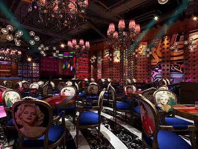 Bar Interior With Ornate Chandeliers Decorative Chairs And Colorful Lighting 3d model