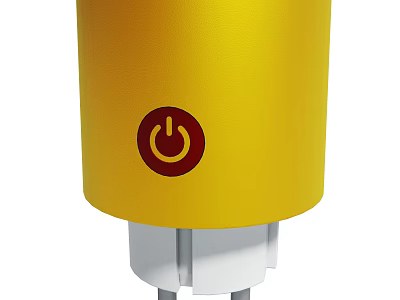Yellow Cylindrical Gadget With Red Power Button And White Plug Base 3d model