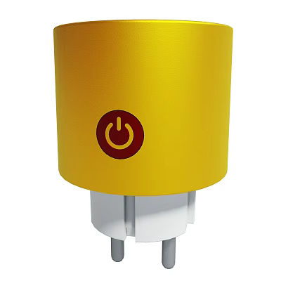 Yellow Cylindrical Gadget With Red Power Button And White Plug Base 3d model