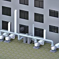Outdoor Industrial Equipment With Pipes And Ventilation Systems Near Building