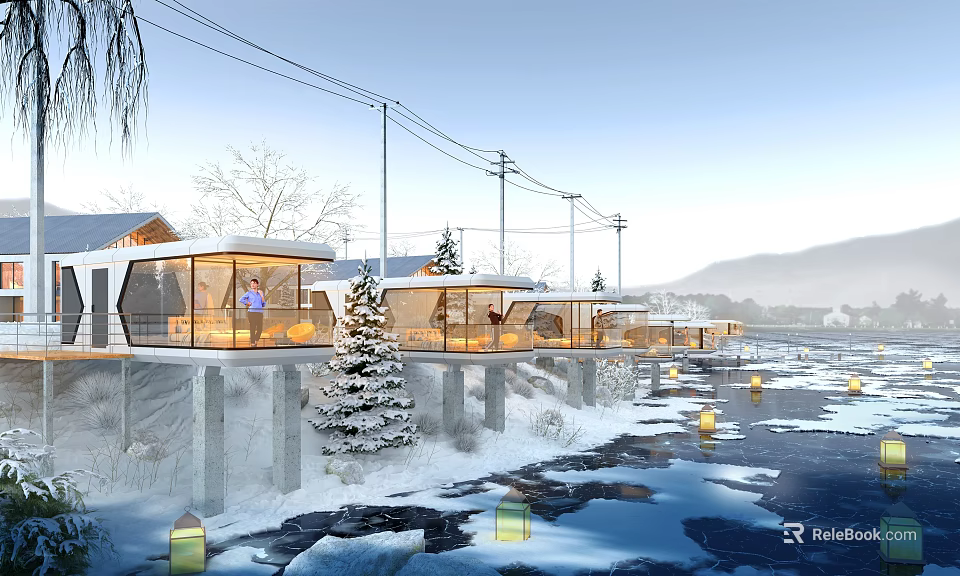 Scenic Snowy Riverfront Townhouse With Glass Walls Balconies Lit Lanterns And Pine Trees 3d model 