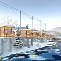 Scenic Snowy Riverfront Townhouse With Glass Walls Balconies Lit Lanterns And Pine Trees