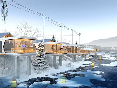 Scenic Snowy Riverfront Townhouse With Glass Walls Balconies Lit Lanterns And Pine Trees 3d model