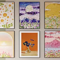 Vibrant Abstract Paintings Featuring Floral Designs Moonlit Mountains Sunset And Vase Elements