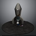 Vintage Metal Rocket Model With Ladder Miniature Figure On Circular Moon Surface Platform