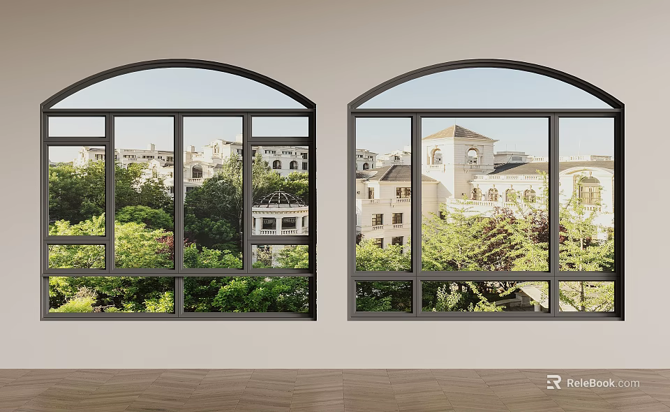 Double Arched Windows Interior View With Buildings And Lush Greenery Outside 3d model
