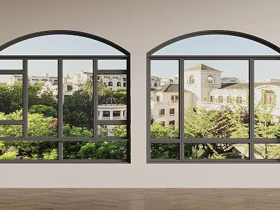 Double Arched Windows Interior View With Buildings And Lush Greenery Outside 3d model