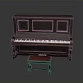 Classical Dark Brown Wooden Piano With Red Upholstered Stool And Carved Legs