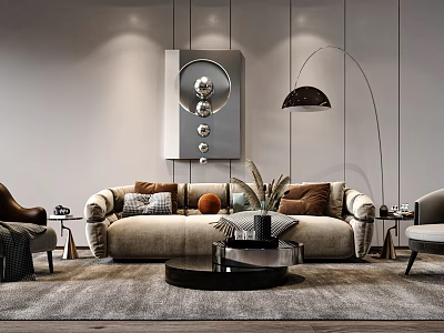 Modern Living Room Beige Sofa with Throw Pillows and Black Coffee Table Set 3d model