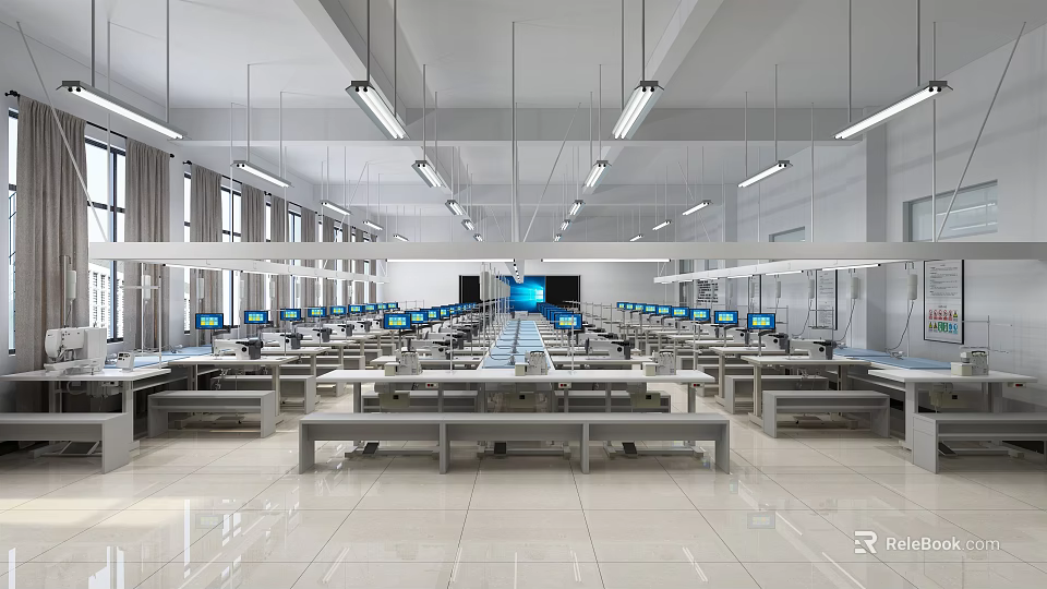 School Modern Computer Lab With Rows Of Computers Bright Lighting And Study Desks 3d model 