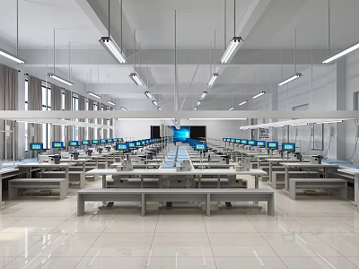 School Modern Computer Lab With Rows Of Computers Bright Lighting And Study Desks 3d model