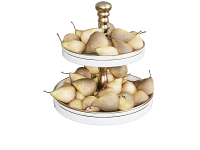 Ripe Fresh Pears Arranged on Two Tiered White Fruit Stand with Golden Base 3d model