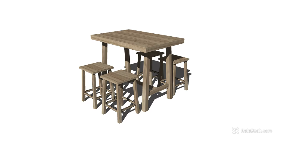 Minimalist Light Brown Wooden Dining Table Set with Four Stools 3d model
