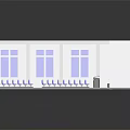 Modern Auditorium Scene With Blue Seats Stage Purple Curtains And White Walls