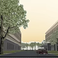Modern Office Building Complex With Trees Road And Red Car In Landscaped Area