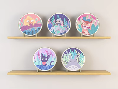Five Round Cartoon Plates With Various Designs Displayed On Light Wooden Shelves 3d model