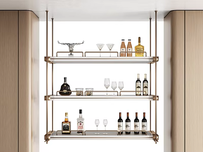 Stylish Multi tiered Wine Rack With Metal Frame Holding Wine Bottles Glasses And Decorative Items 3d model