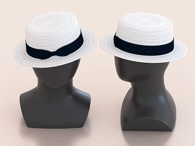 Two White Straw Hats With Black Ribbon Bow Displayed On Mannequin Heads 3d model