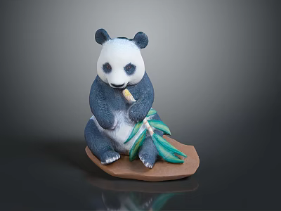 Cute Panda Game Movie Character Sitting And Holding Bamboo With Green Leaves On Brown Base 3d model
