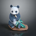 Cute Panda Game Movie Character Sitting And Holding Bamboo With Green Leaves On Brown Base