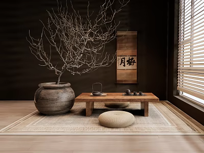 Zen Style Tea Table and Chairs with Decorative Branch in Jar Hanging Scroll and Floor Cushions 3d model