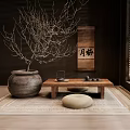 Zen Style Tea Table and Chairs with Decorative Branch in Jar Hanging Scroll and Floor Cushions