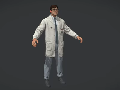 Man Wearing White Lab Coat with Glasses and ID Badge in Standing Position 3d model