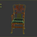 Orange Wooden Chair With Carved Backrest Armrests And Blue Padded Seat