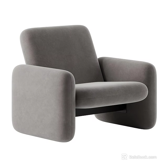 Gray Modern Lounge Chair With Thick Armrests And Black Metal Base 3d model 