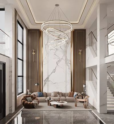 Modern Living and Dining Room Interior With Marble Feature Wall Circular Chandeliers And Wooden Accents 3d model