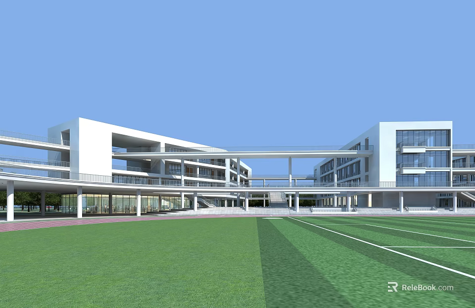Modern School Building Featuring White Exterior Connected Structure Front Lawn And Playground 3d model