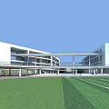 Modern School Building Featuring White Exterior Connected Structure Front Lawn And Playground 3d model