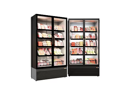 Double Door Upright Display Freezers With Multiple Shelves Stocked Packaged Food Items 3d model