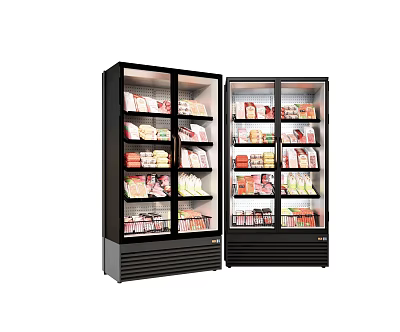 Double Door Upright Display Freezers With Multiple Shelves Stocked Packaged Food Items 3d model