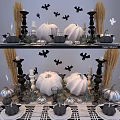 Elegant Dinnerware Set With Pumpkin Decor Bat Ornaments And Wheat Stalks On Table
