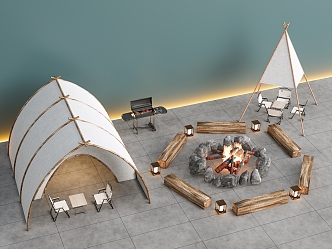 Tent camping tent stove tea bonfire brazier outdoor table and chair camping camp 3d model