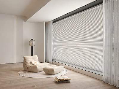 Modern Minimalist Home Balcony with White Blinds Beige Sofa Wooden Floor and Floor Lamp 3d model